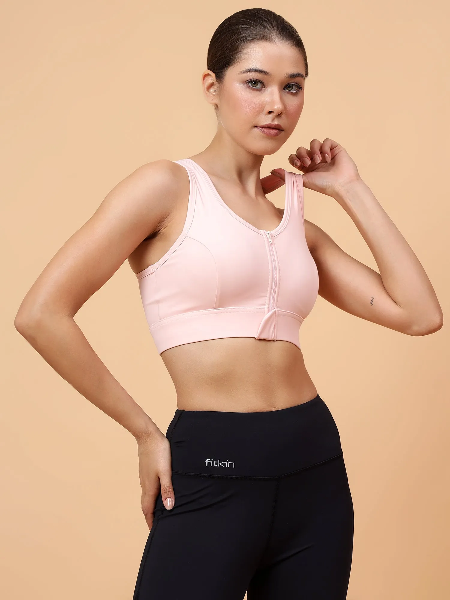 Fitkin Women's Peach Front Zipper Sports Bra