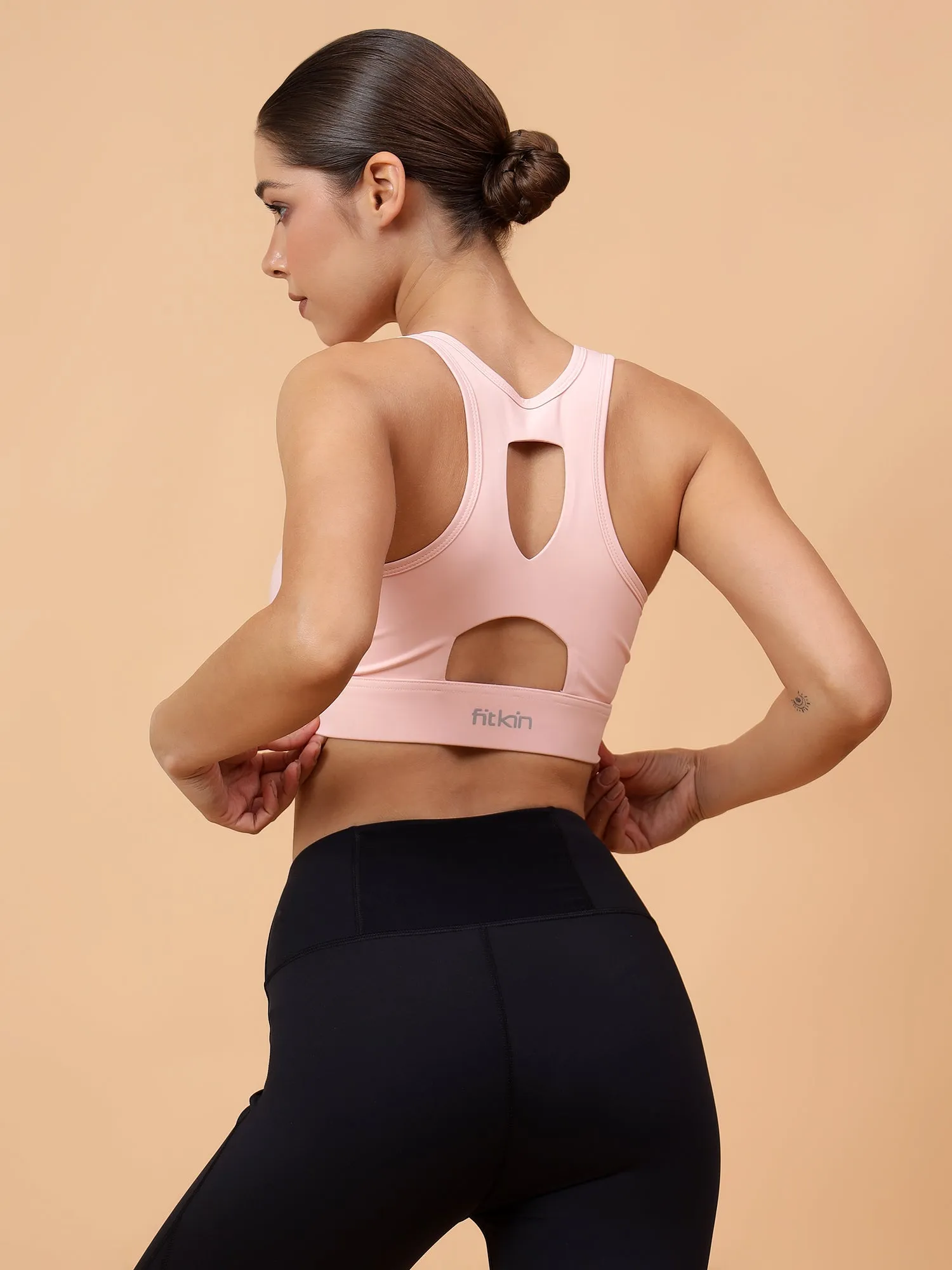 Fitkin Women's Peach Front Zipper Sports Bra