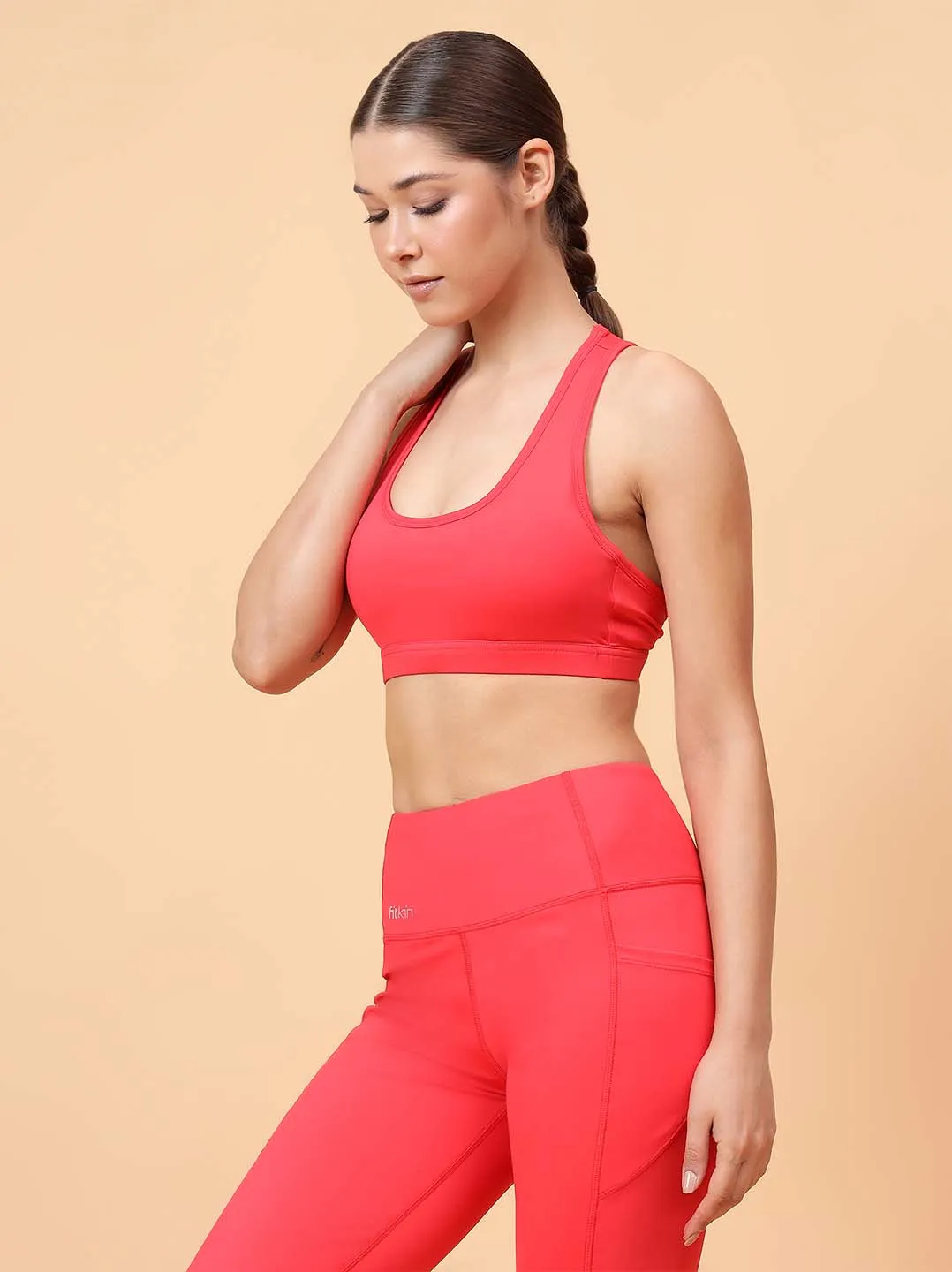 Fitkin Women's Red Back Key Hole Sports Bra