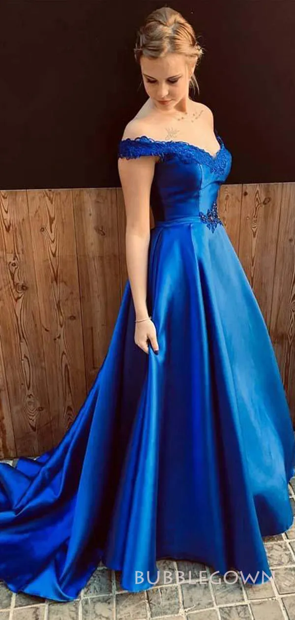 Formal Royal Blue Satin Appliques Long Evening Prom Dresses, Custom A-line Prom Dresses, BGS0278