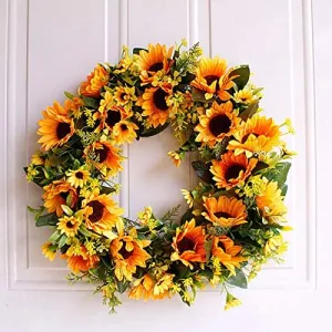 GREENWISH 17 Inch Sunflowers Blossom Welcome Spring & Summer Front Door Wreath Artificial Flower Floral Twig Door Wreath for Hanging Home Party Festivals Decoration