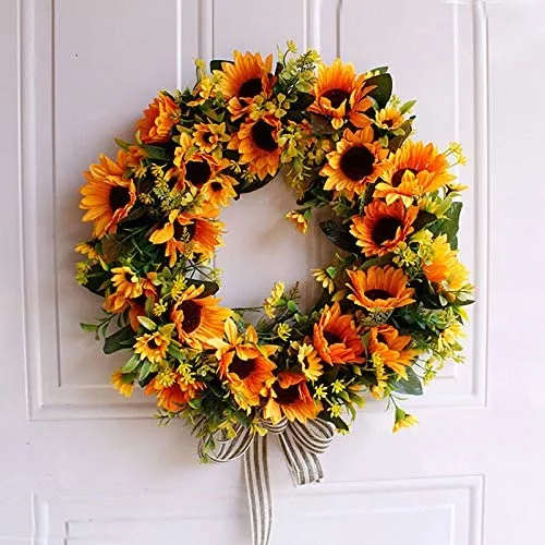 GREENWISH 17 Inch Sunflowers Blossom Welcome Spring & Summer Front Door Wreath Artificial Flower Floral Twig Door Wreath for Hanging Home Party Festivals Decoration