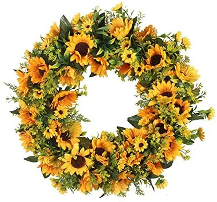 GREENWISH 17 Inch Sunflowers Blossom Welcome Spring & Summer Front Door Wreath Artificial Flower Floral Twig Door Wreath for Hanging Home Party Festivals Decoration