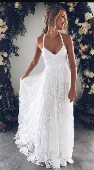 Halter Empire White Lace Prom/Evening Dress,Beach Lace Wedding Dress Informal,White Lace Maxi Dress