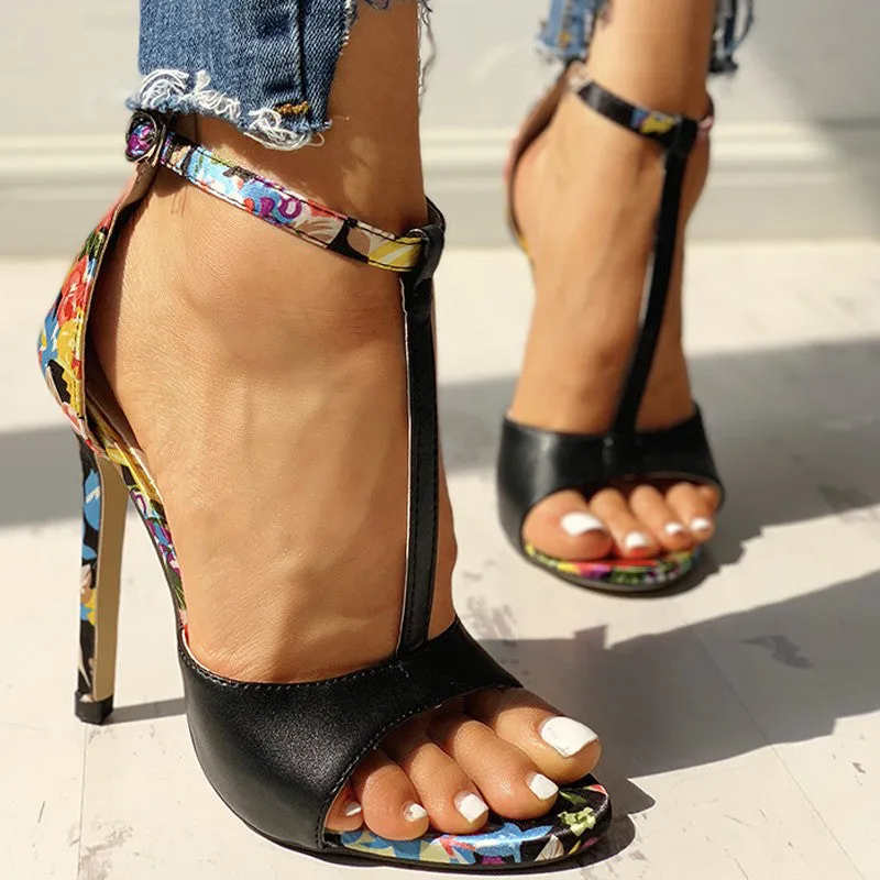 High heel buckle Floral colorful open toe shoes
