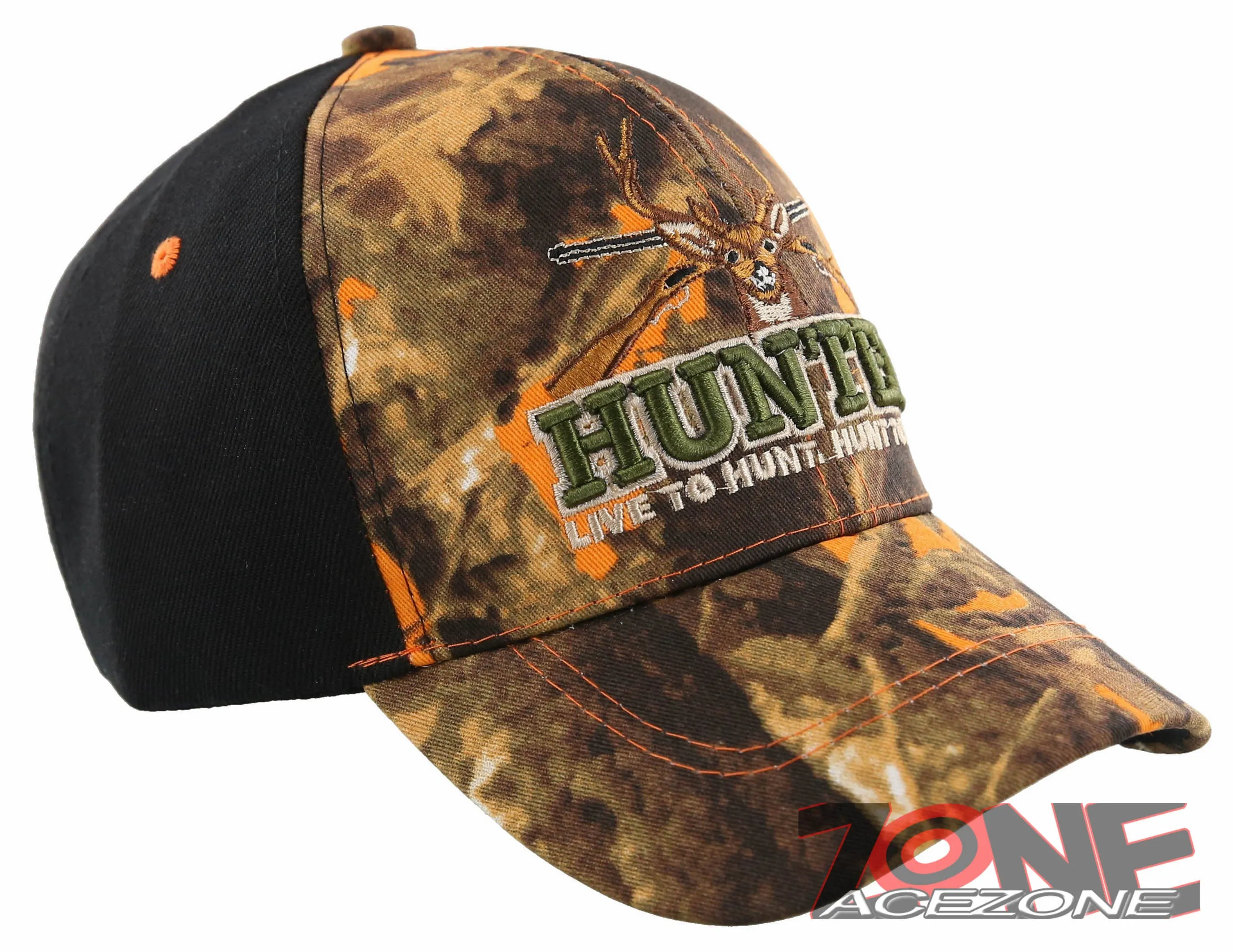 HUNTER LIVE TO HUNT DEER BUCK OUTDOOR SPORTS CAP HAT ORANGE CAMO BLACK