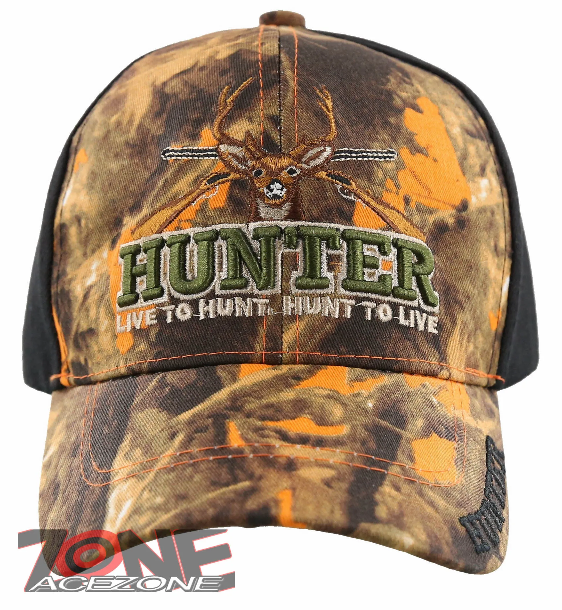 HUNTER LIVE TO HUNT DEER BUCK OUTDOOR SPORTS CAP HAT ORANGE CAMO BLACK