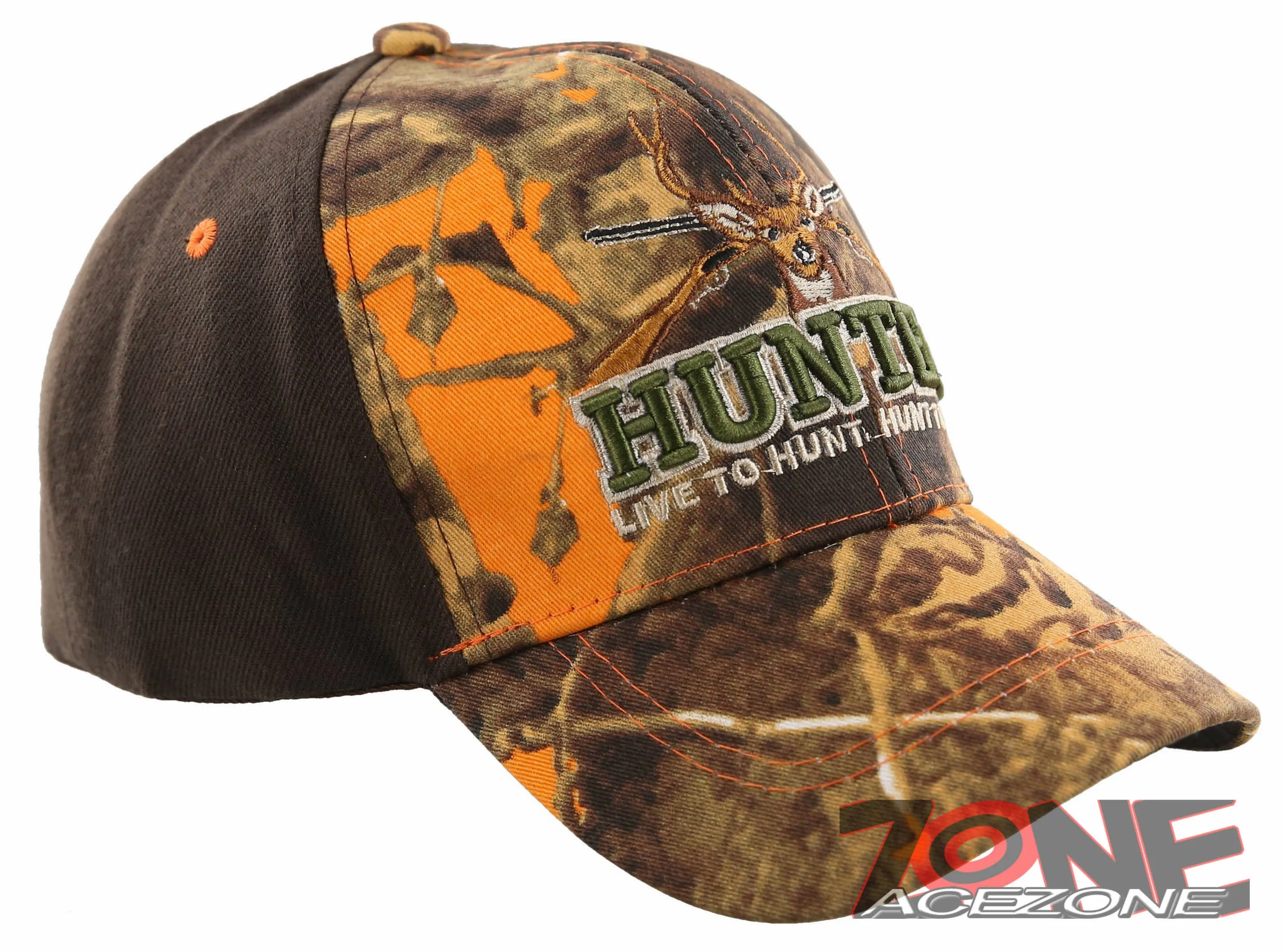 HUNTER LIVE TO HUNT DEER BUCK OUTDOOR SPORTS CAP HAT ORANGE CAMO BROWN
