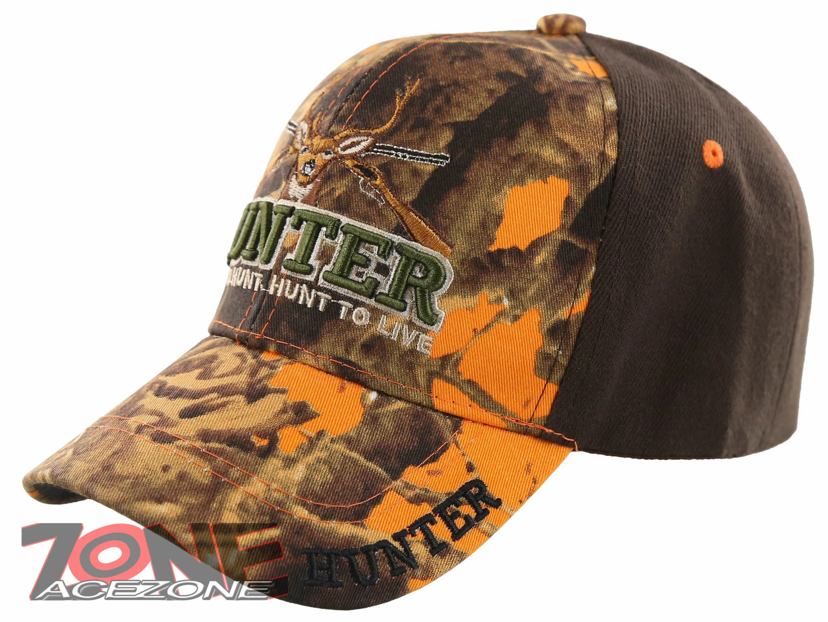 HUNTER LIVE TO HUNT DEER BUCK OUTDOOR SPORTS CAP HAT ORANGE CAMO BROWN