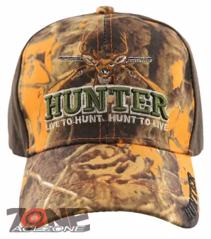 HUNTER LIVE TO HUNT DEER BUCK OUTDOOR SPORTS CAP HAT ORANGE CAMO BROWN