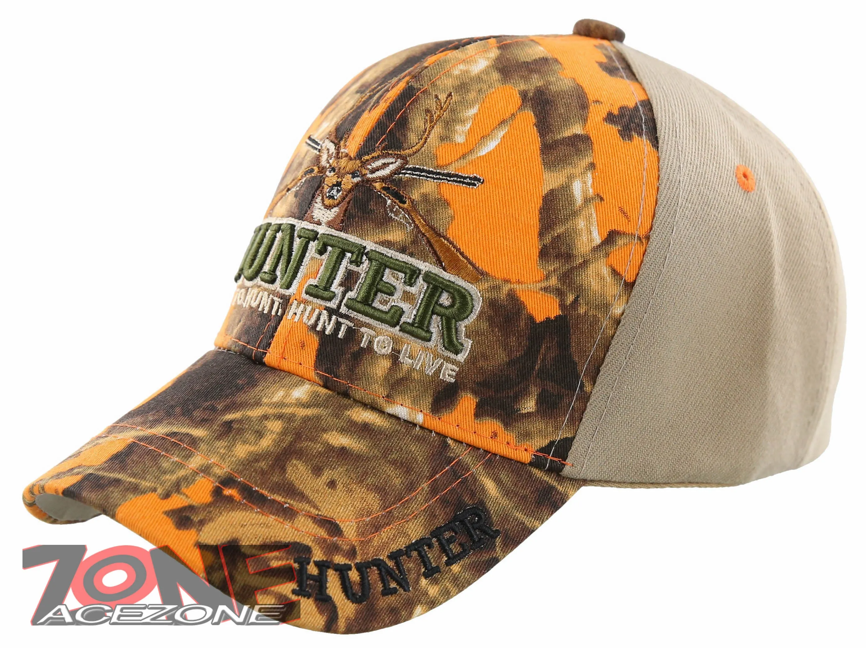 HUNTER LIVE TO HUNT DEER BUCK OUTDOOR SPORTS CAP HAT ORANGE CAMO TAN