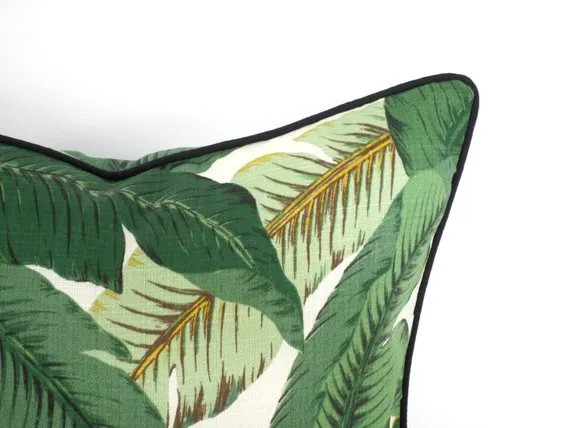 Isla Palm Print Throw Pillow - Green & White Fabric with Black Piping - Various Sizes