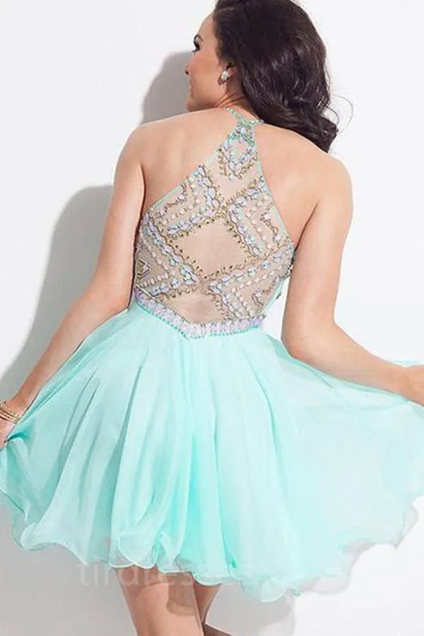 Light Blue Halter Sleeveless Sheer Back Beading Homecoming Dress TR0223