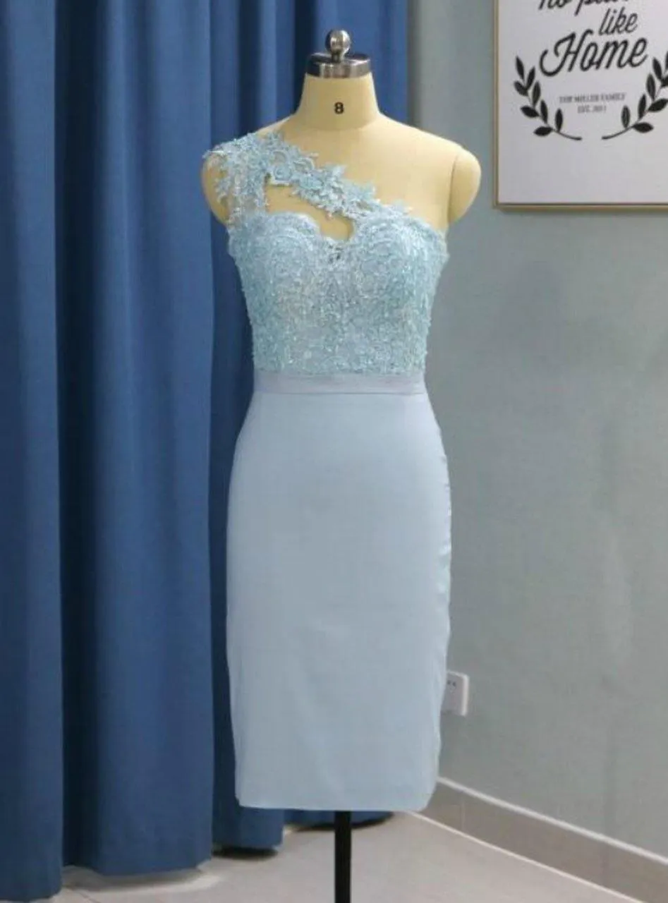 Light Sky Blue Short Knee Length One Shoulder Homecoming Dresses HD0045