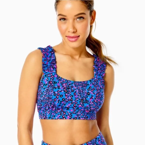 Lilly Pulitzer Karena Ruffle Sports Bra, Blue Flare, Growl and Prowl