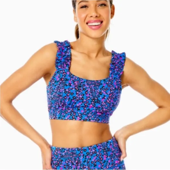 Lilly Pulitzer Karena Ruffle Sports Bra, Blue Flare, Growl and Prowl