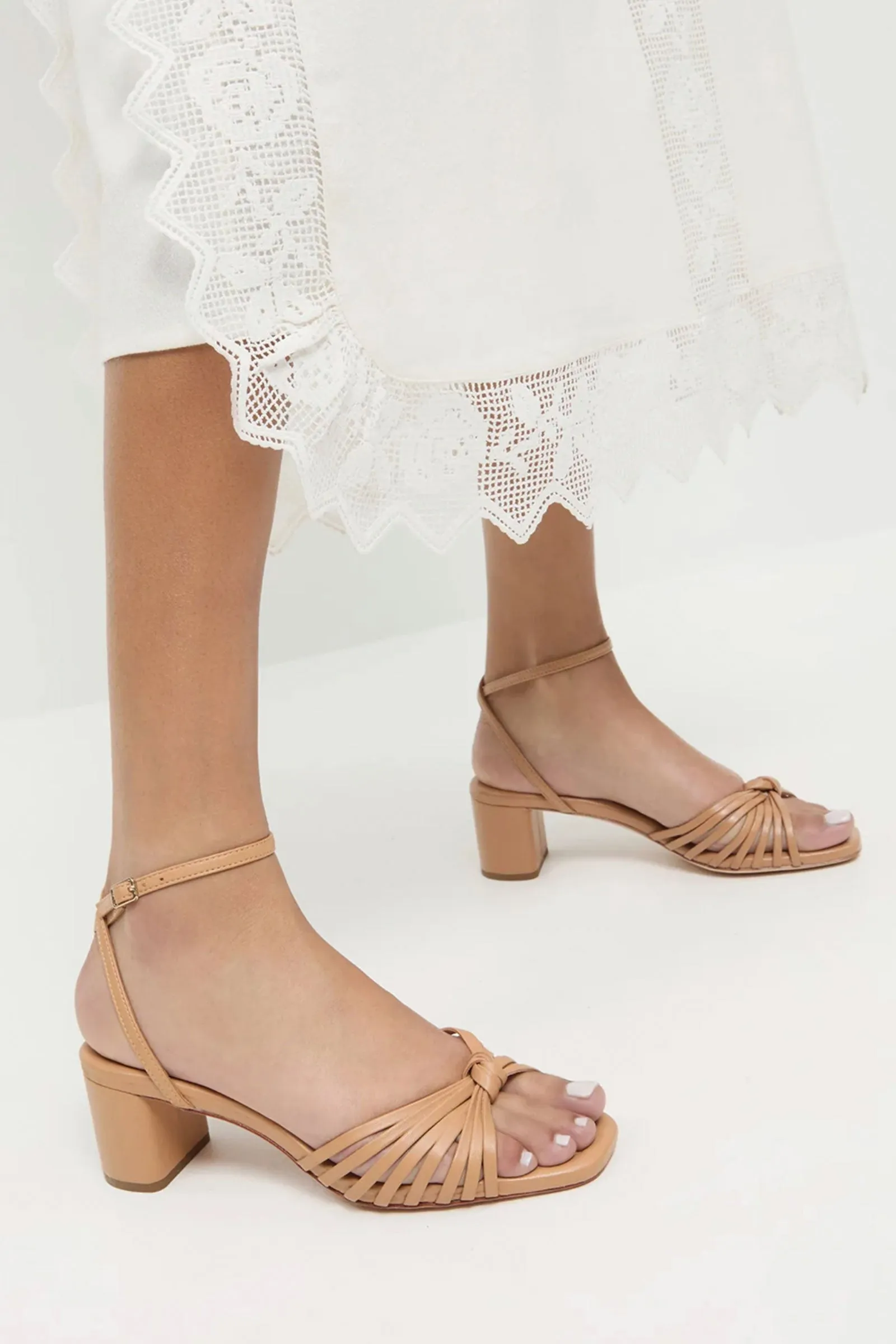 Loeffler Randall Olivia Leather Knot Mid Heel Sandal in Dune