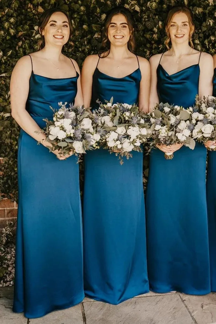 Long Cowl Neck Spaghetti Strap Champagne Bridesmaid Dress TY0034