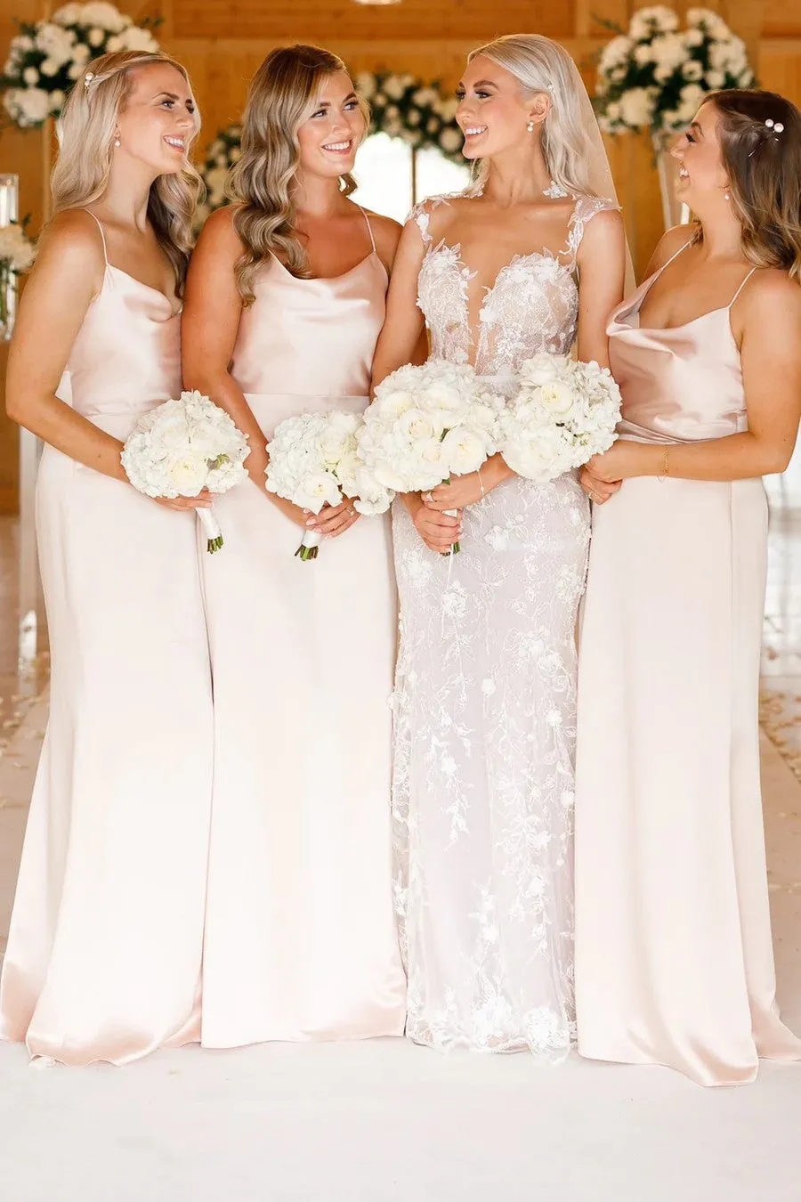 Long Cowl Neck Spaghetti Strap Champagne Bridesmaid Dress TY0034