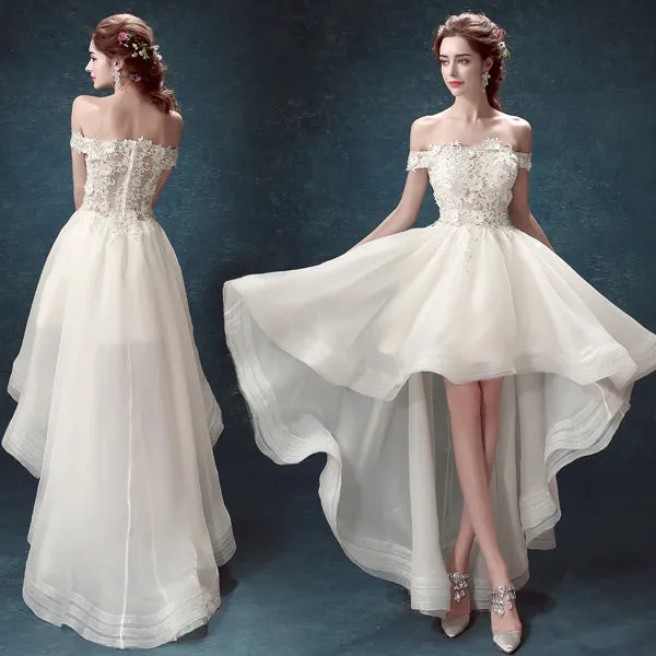 Lovely White High Low Lace Top Off Shoulder Party Dress, High Low Prom Dress