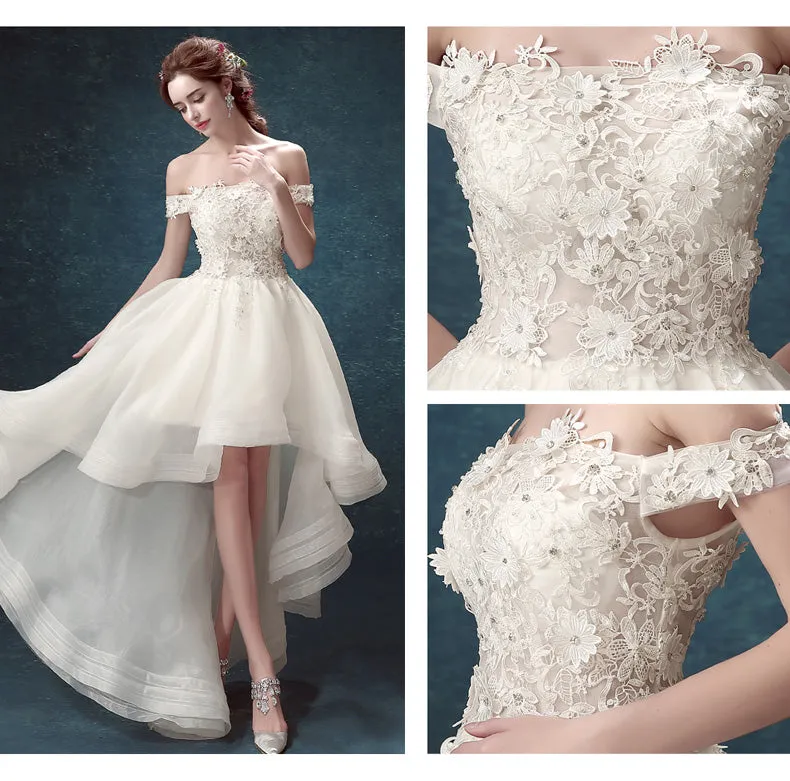 Lovely White High Low Lace Top Off Shoulder Party Dress, High Low Prom Dress