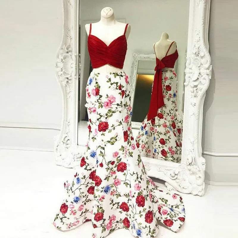 Mermaid Spaghetti Straps Floral Print Red Top Prom Dress OKI84