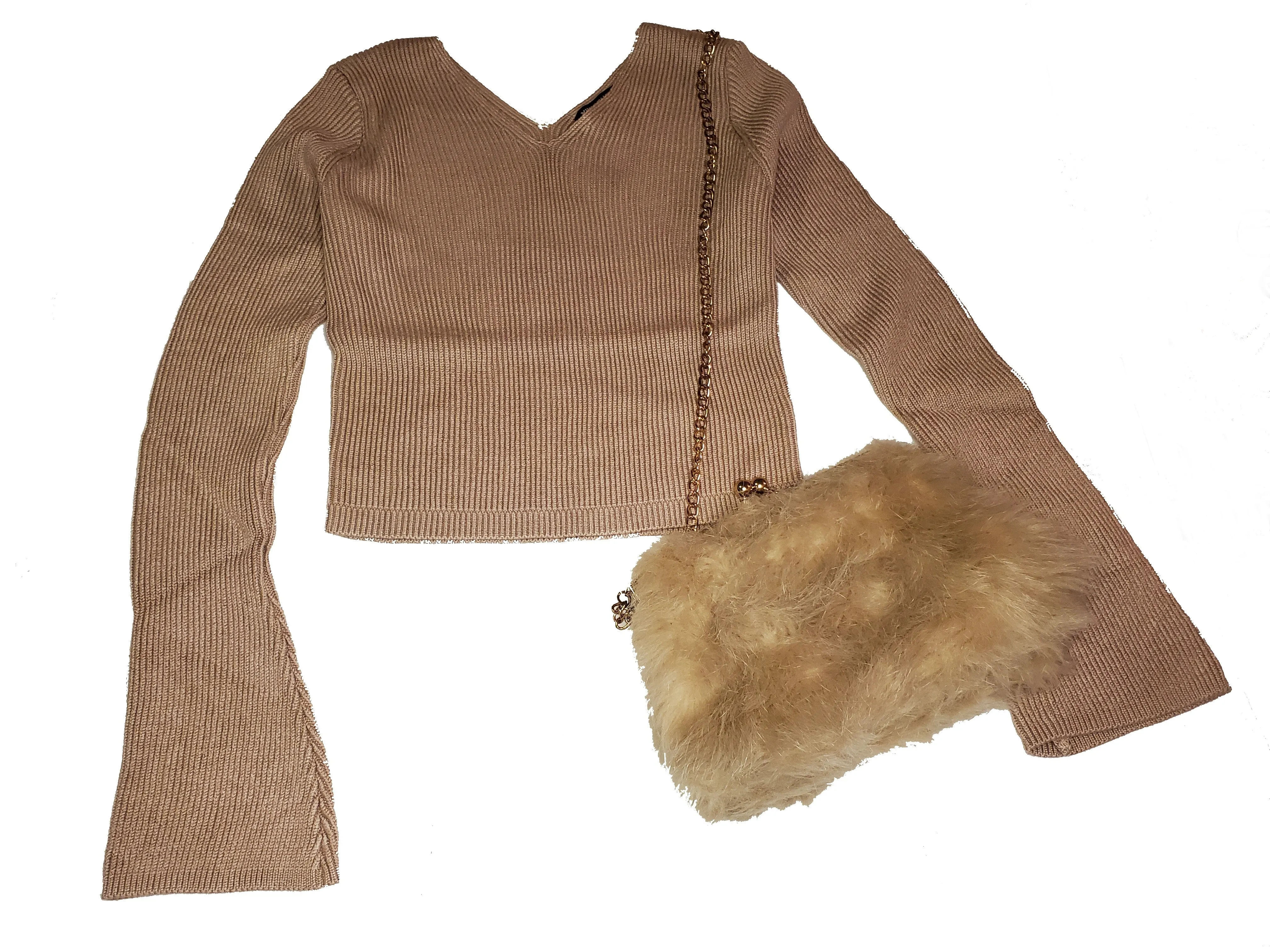 Mini bell sleeve v-neck tan cropped sweater