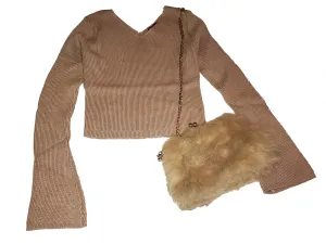 Mini bell sleeve v-neck tan cropped sweater