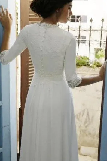 Modest Chiffon 3/4 Sleeves Floor Length Wedding Dress with Lace Top OK1424