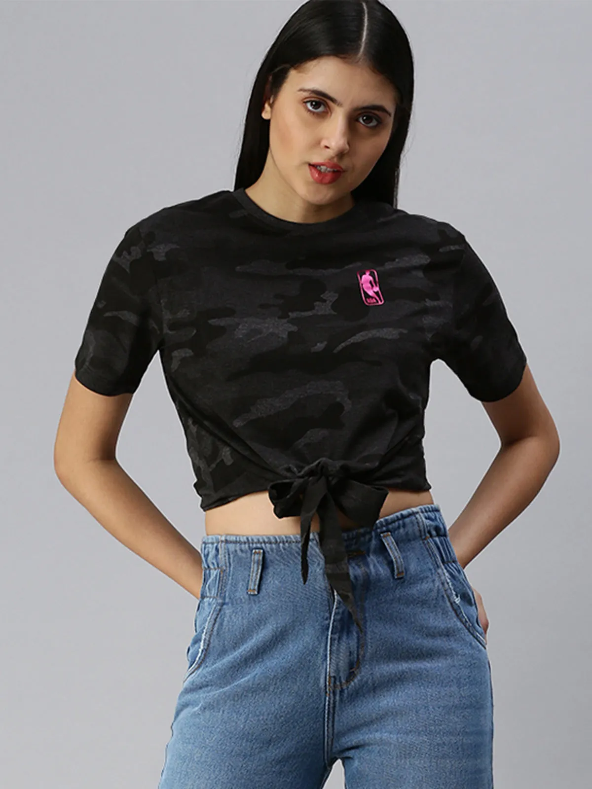 NBA: Pink Foil Tie-up Top - Anthra Melange