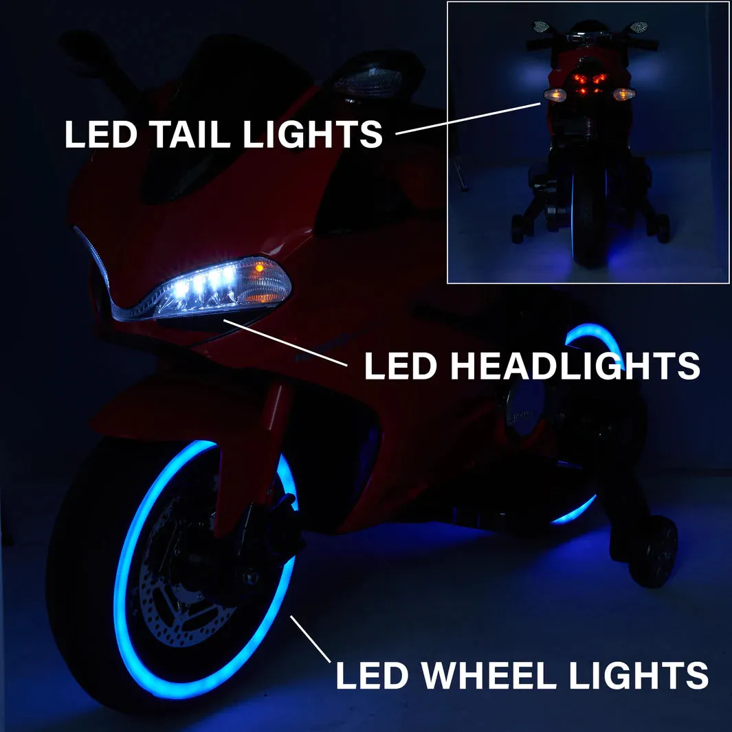 New 2025 Upgraded 12V Licensed Ducati Motorcycle with Training Wheels | Leather Seat | Ages 3-6