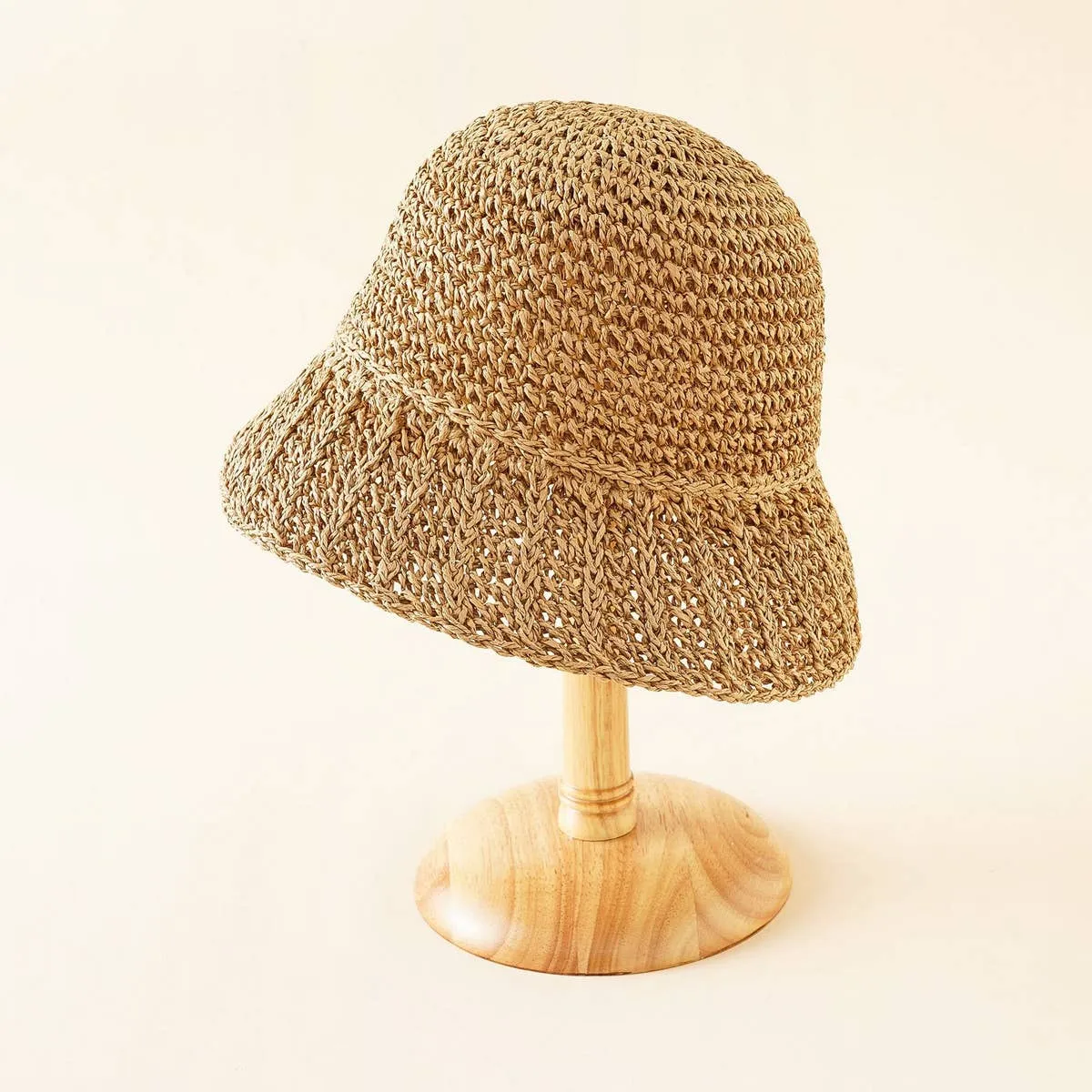 PASTORAL STYLE BEACH STRAW BUCKET HAT_CWAH1416: Beige / (OS) 1