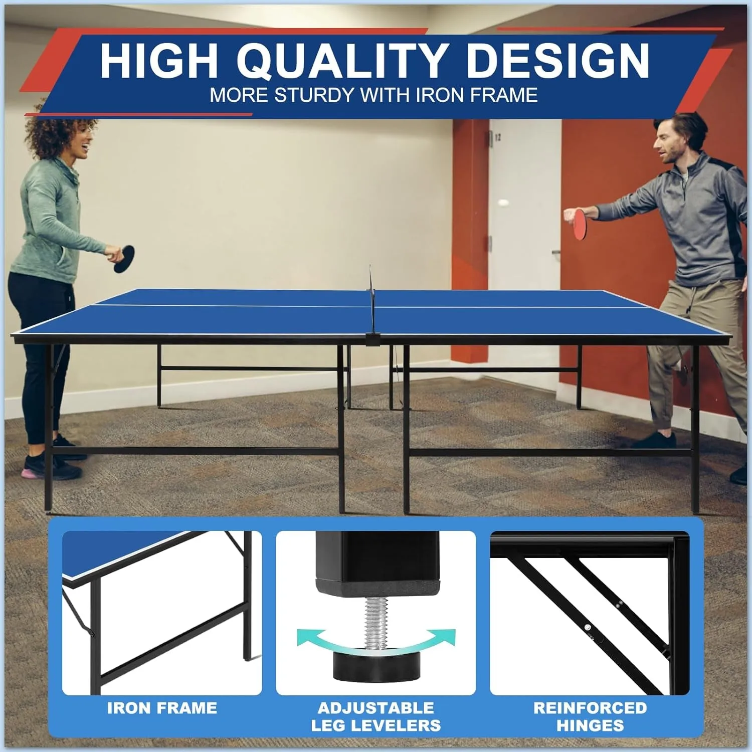 Ping Pong Table Set for Outdoor and Indoor, 9FT Foldable Table Tennis Table with Net, 2 Paddles, 2 Balls, Steel Outdoor Ping Pong Net Set & Frame, Multi Use Conference Table Dining Table