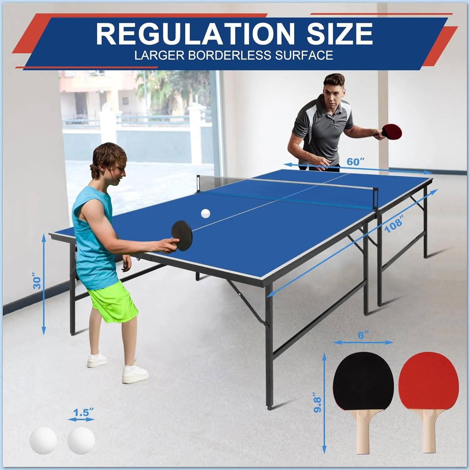 Ping Pong Table Set for Outdoor and Indoor, 9FT Foldable Table Tennis Table with Net, 2 Paddles, 2 Balls, Steel Outdoor Ping Pong Net Set & Frame, Multi Use Conference Table Dining Table