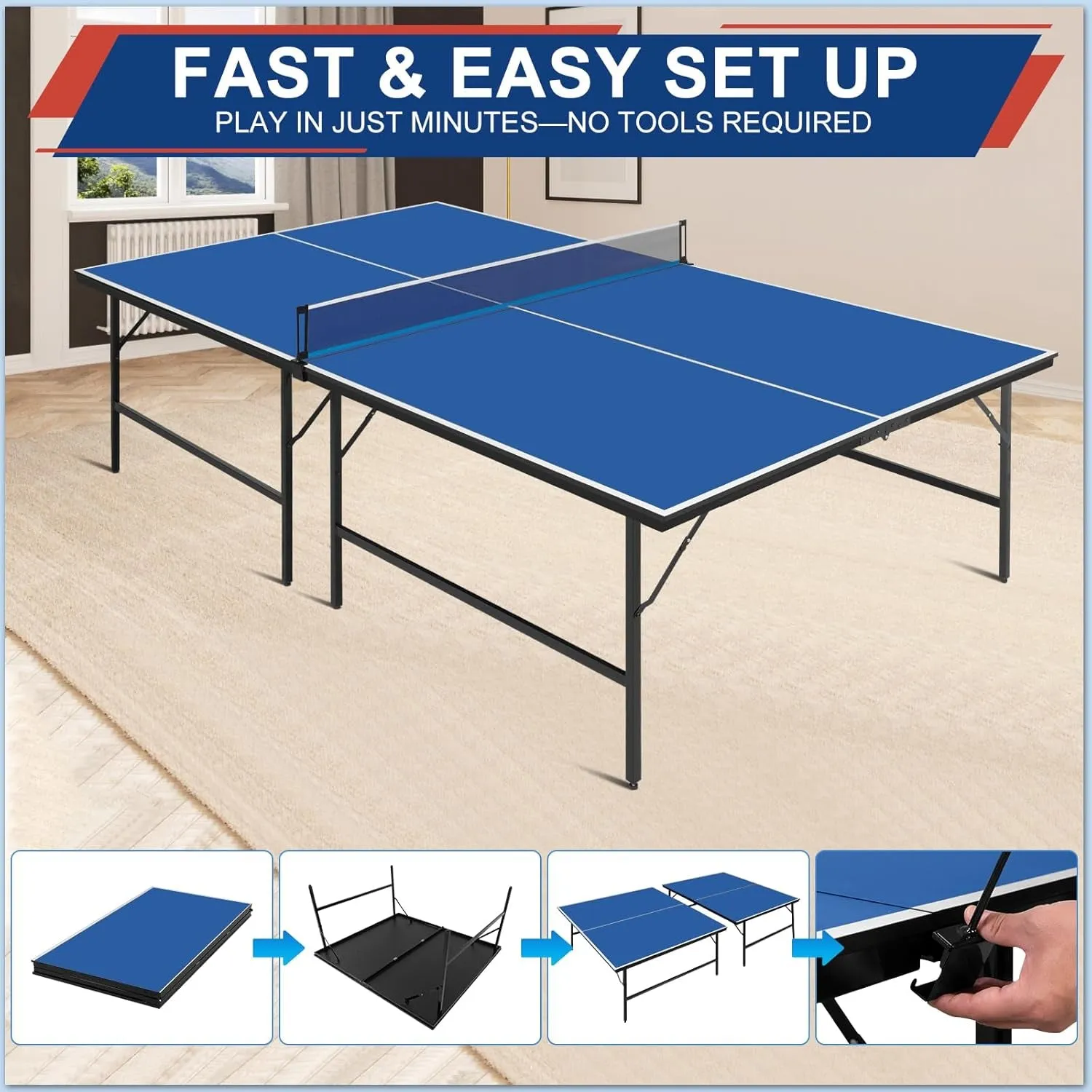 Ping Pong Table Set for Outdoor and Indoor, 9FT Foldable Table Tennis Table with Net, 2 Paddles, 2 Balls, Steel Outdoor Ping Pong Net Set & Frame, Multi Use Conference Table Dining Table
