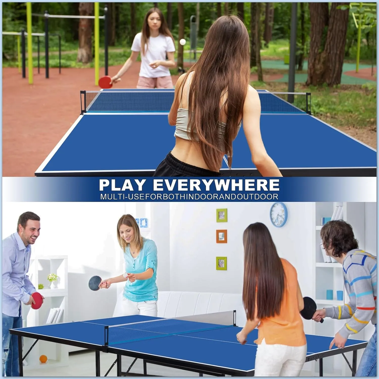 Ping Pong Table Set for Outdoor and Indoor, 9FT Foldable Table Tennis Table with Net, 2 Paddles, 2 Balls, Steel Outdoor Ping Pong Net Set & Frame, Multi Use Conference Table Dining Table