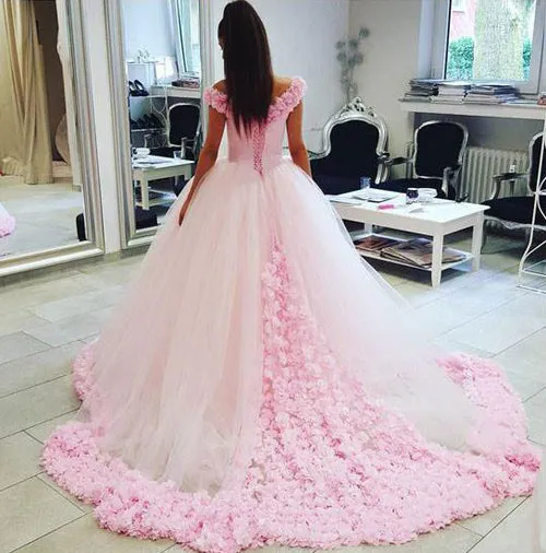 Pink Tulle Ball Gown Off shoulder Wedding Dresses,Gorgeous Quinceanera Dresses, SW142