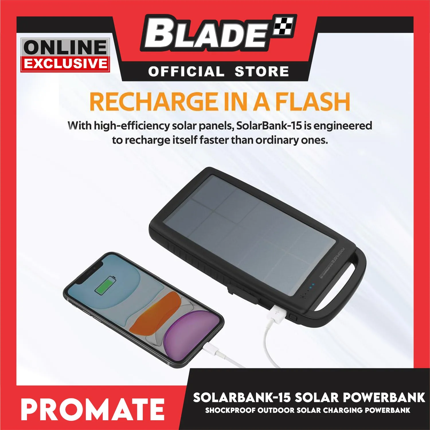 Promate Solar Charging Power Bank Shockproof Outdoor SolarBank-15 15000mAh (Black)