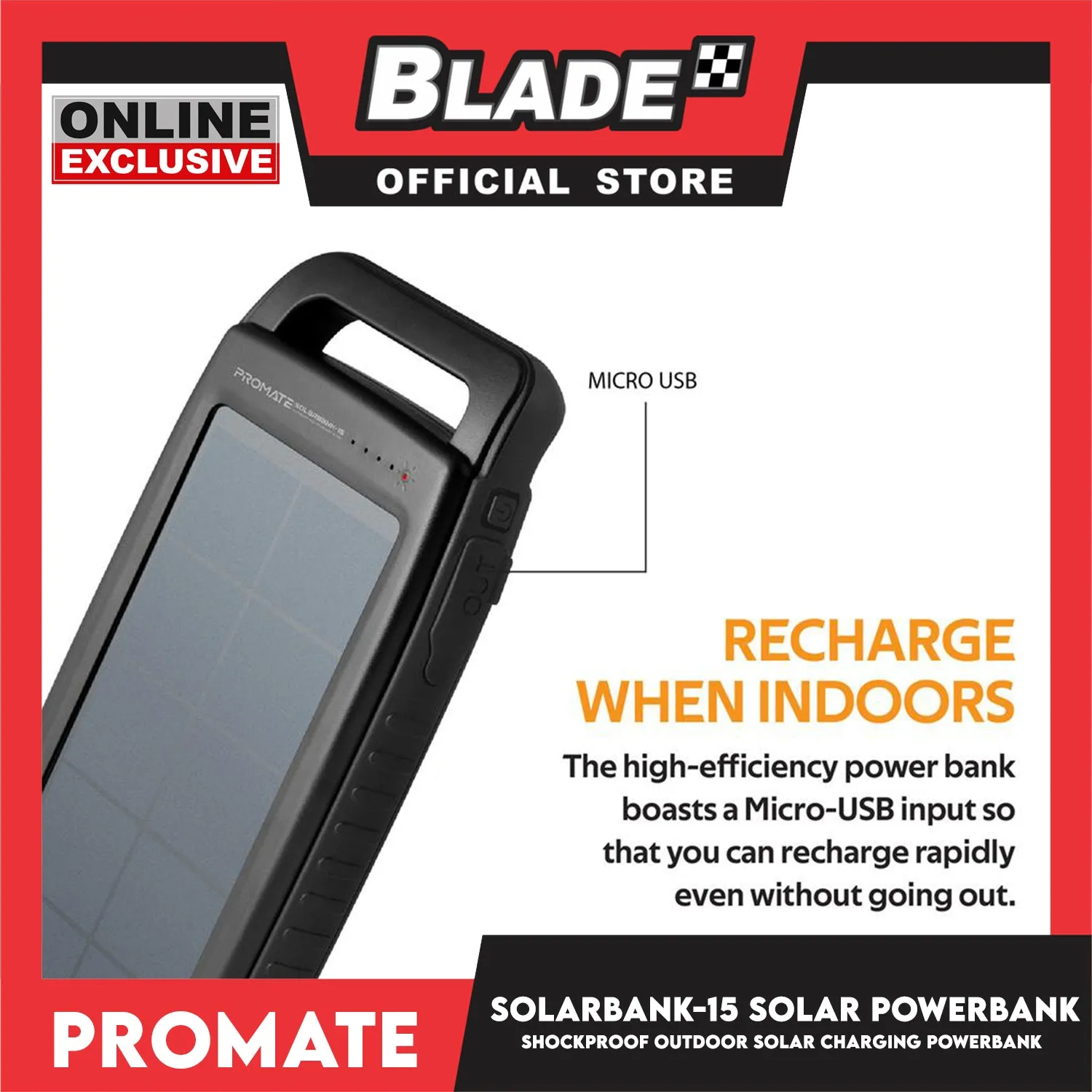 Promate Solar Charging Power Bank Shockproof Outdoor SolarBank-15 15000mAh (Black)
