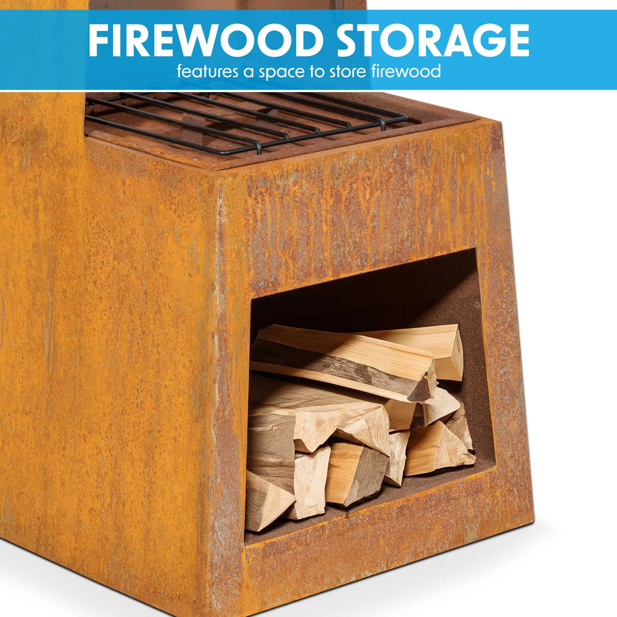 Pyramid Chiminea, Fireplace, Heater with Firewood Storage - Corten Steel - DG108