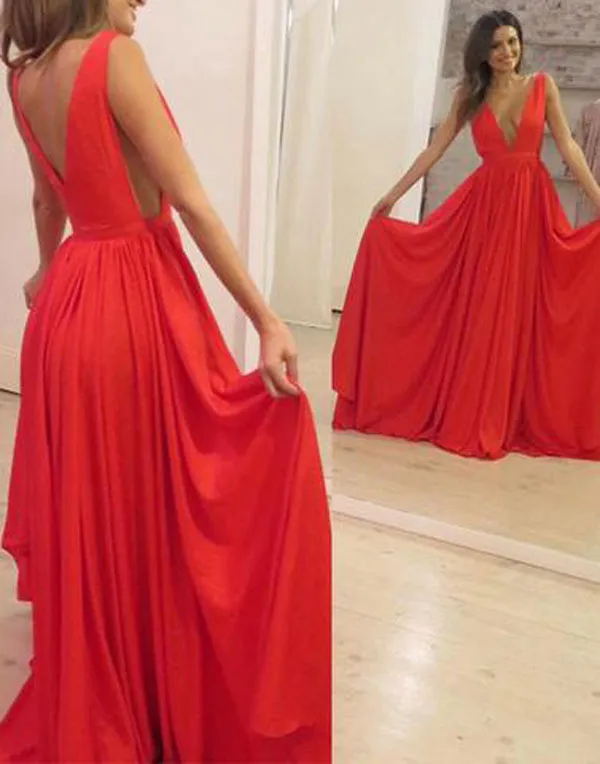 Red Deep A-Line Floor-Length V Neck Long Prom Dress, Red Evening Dress, M179