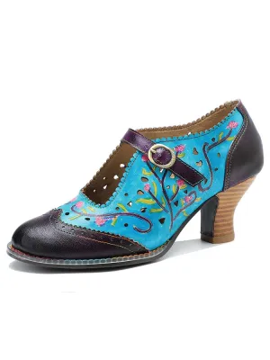 Retro Hollow Embossed Flower Leather Shoes