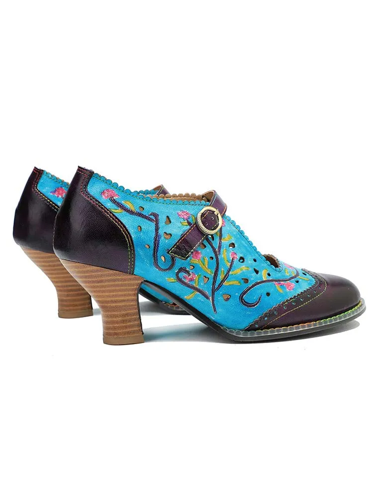 Retro Hollow Embossed Flower Leather Shoes
