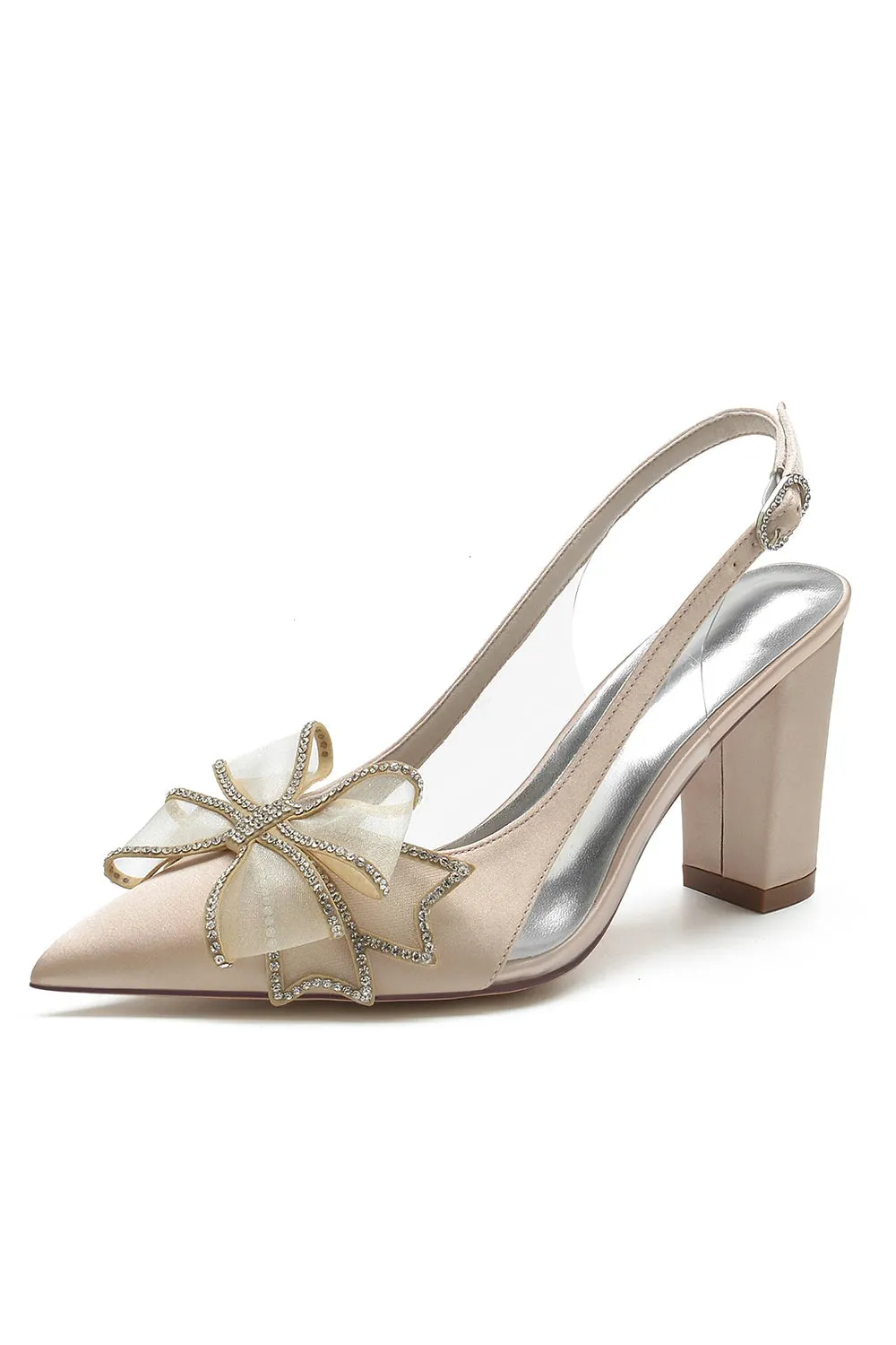 Rhinestone Bow Satin Block Heel Sandals