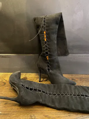 Schutz Black Pointed Toe Knee Length Boots