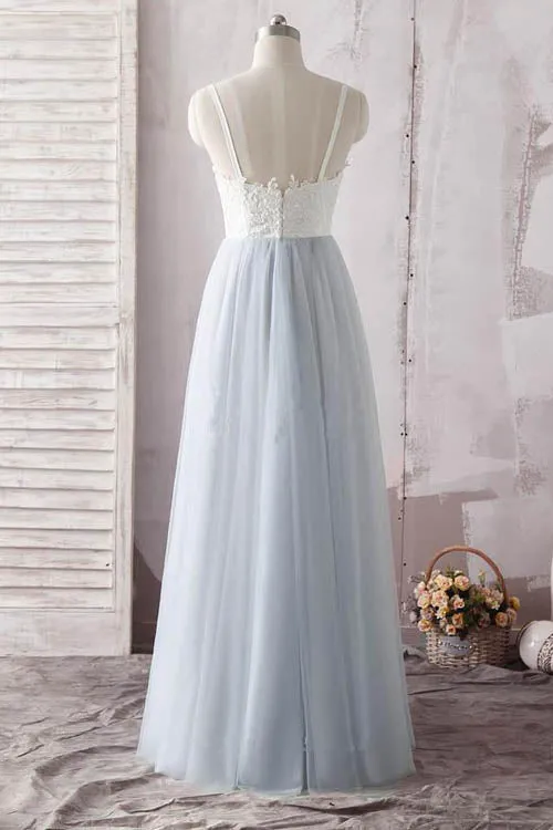 Simple  Ivory Lace Blue Spaghetti Straps Sweetheart Tulle Long Prom Dress, M259