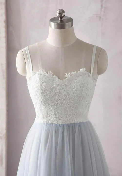 Simple  Ivory Lace Blue Spaghetti Straps Sweetheart Tulle Long Prom Dress, M259