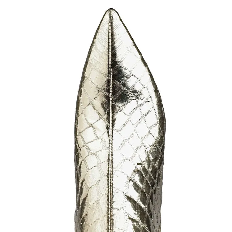 Square Heel Pointy Toe Metallic Heeled Boots