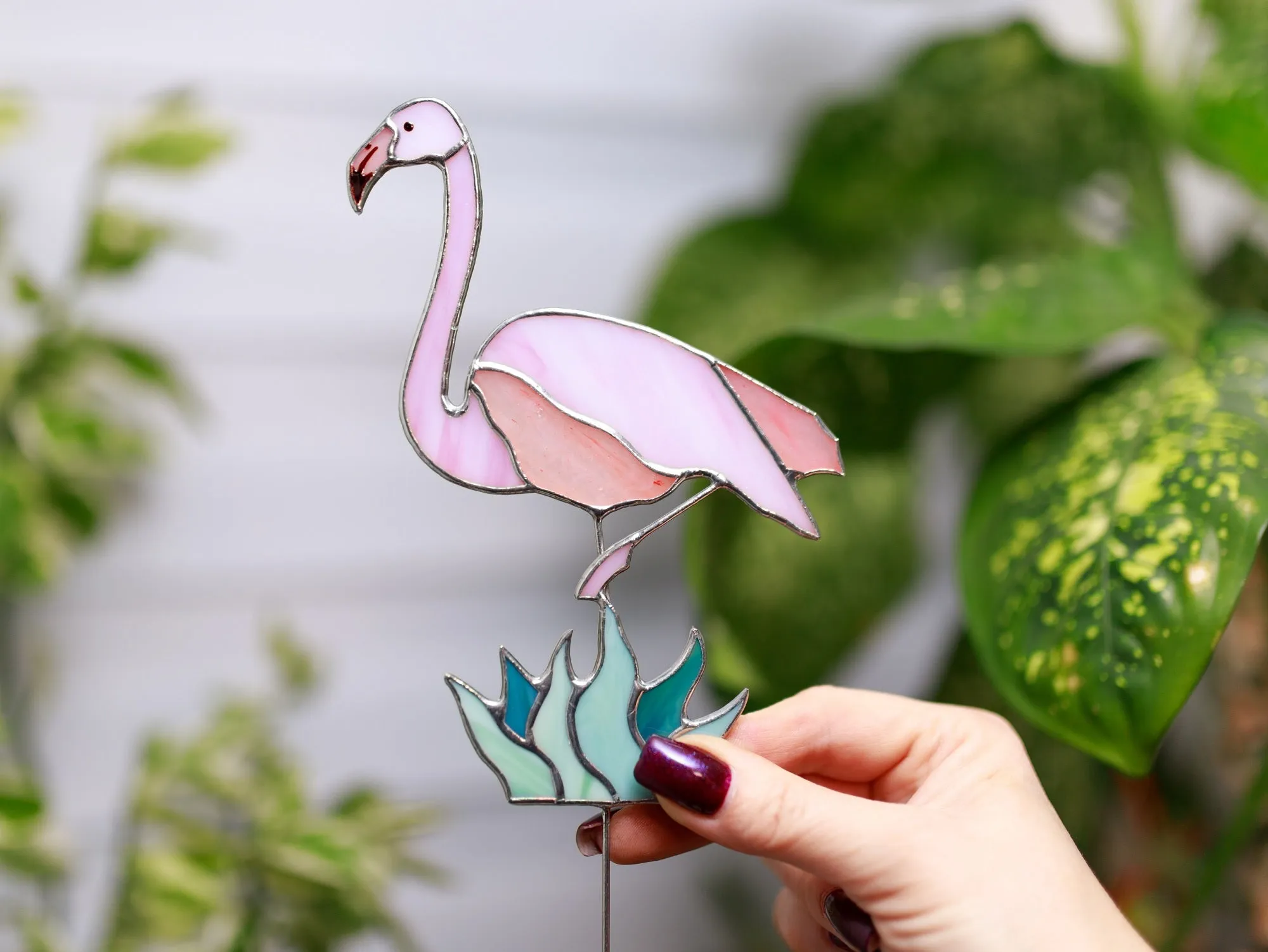 Stained Glass Flamingo Plant Stake - Unique Garden Decor Gift