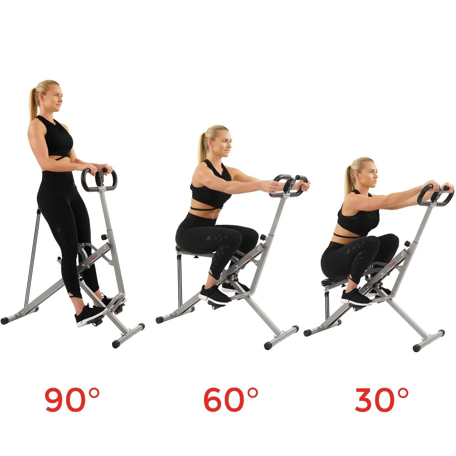 Sunny Health and Fitness Upright Squat Assist Row-N-Ride Trainer Bundle with 7-Piece Fitness Kit, Sports Zippered Waist Bag and Workout Cooling Towel